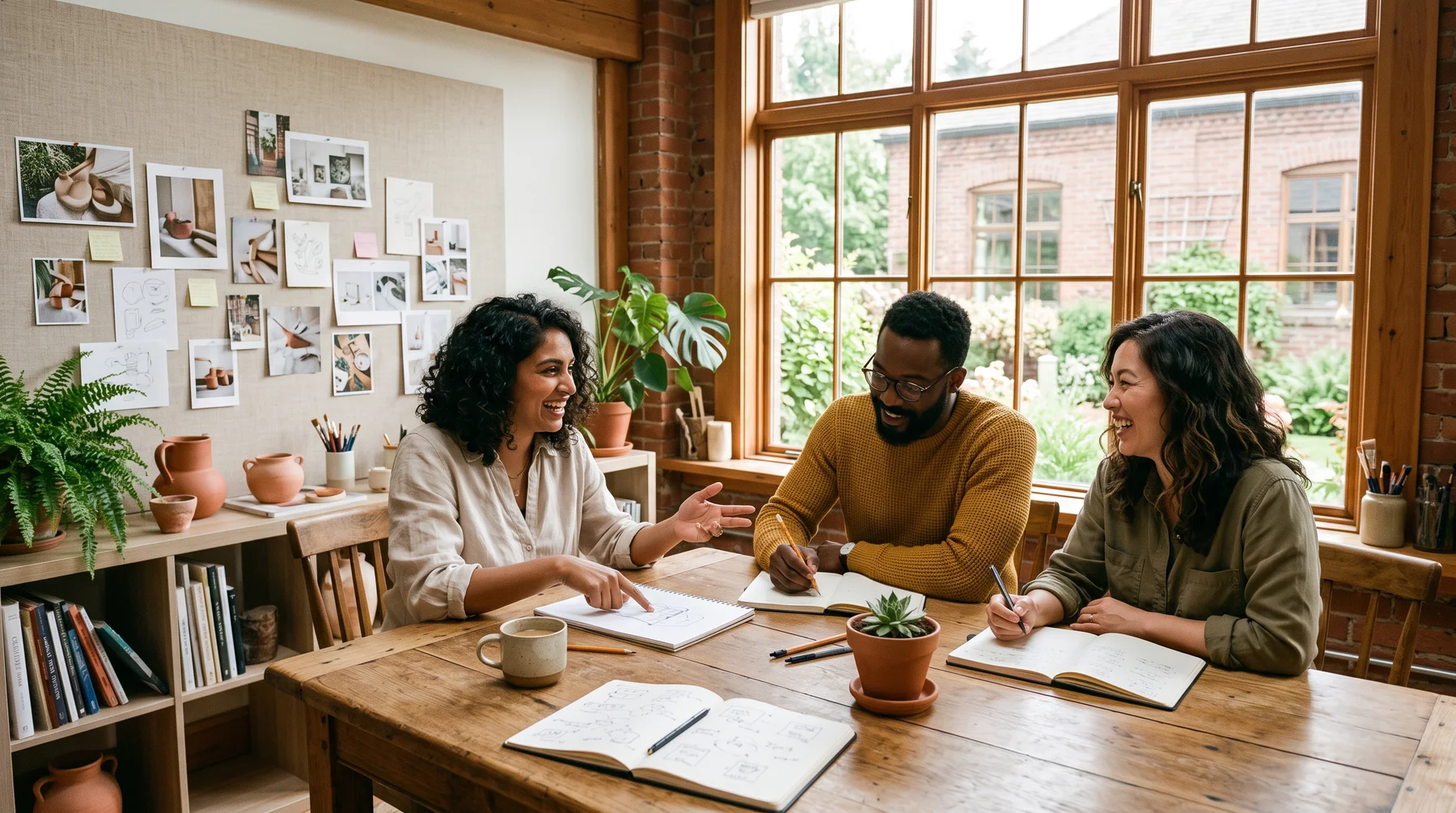 A creative team planning content together in a sunlit studio