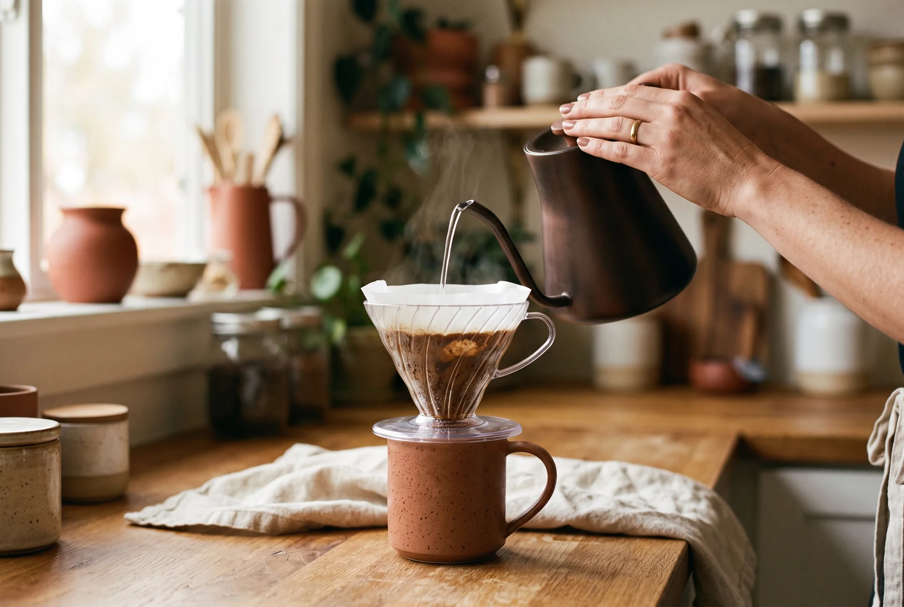 A manual coffee brewing setup on a kitchen counter