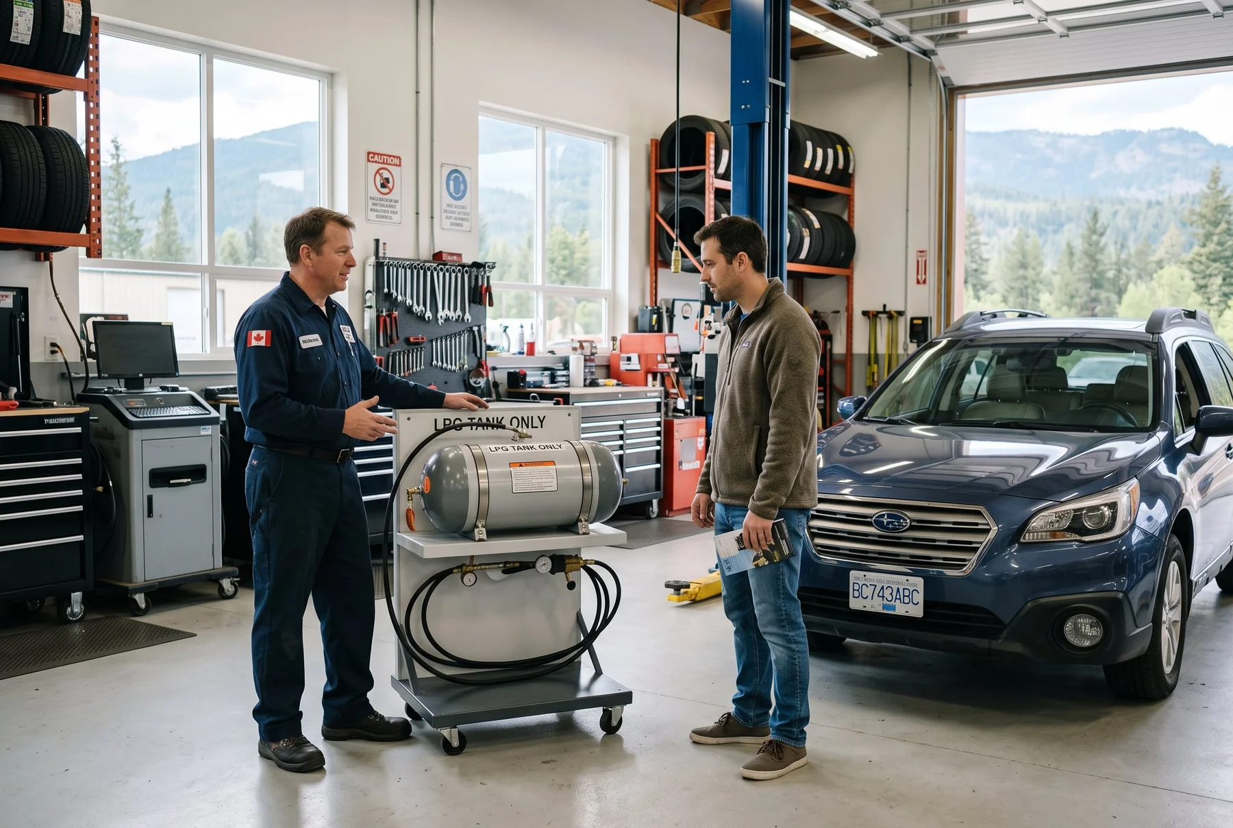A customer discussing a vehicle with a mechanic