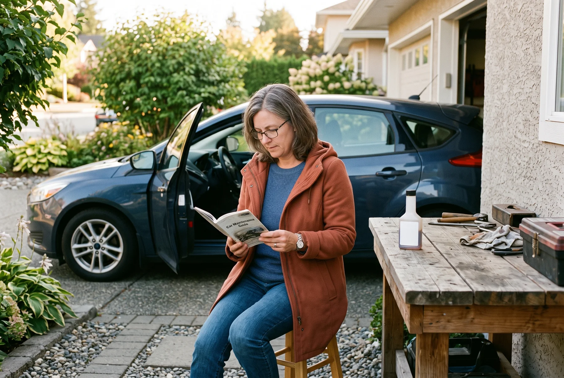 A driver considering a fuel additive beside a parked gasoline car