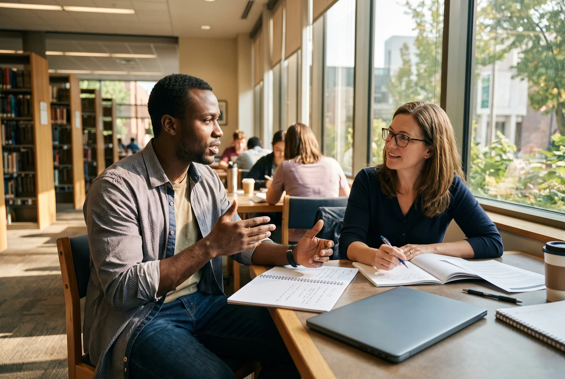 A newcomer practising a presentation with a colleague